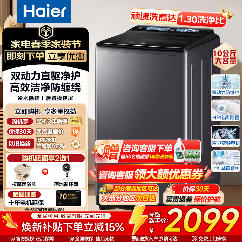 海尔（Haier）10公斤双动力波轮洗衣机全自动直驱变频防缠绕电离除菌家用出租以旧换新一级能效补贴15%洗衣机 【67A3】10kg+双动力+直驱电机+AI智慧洗
