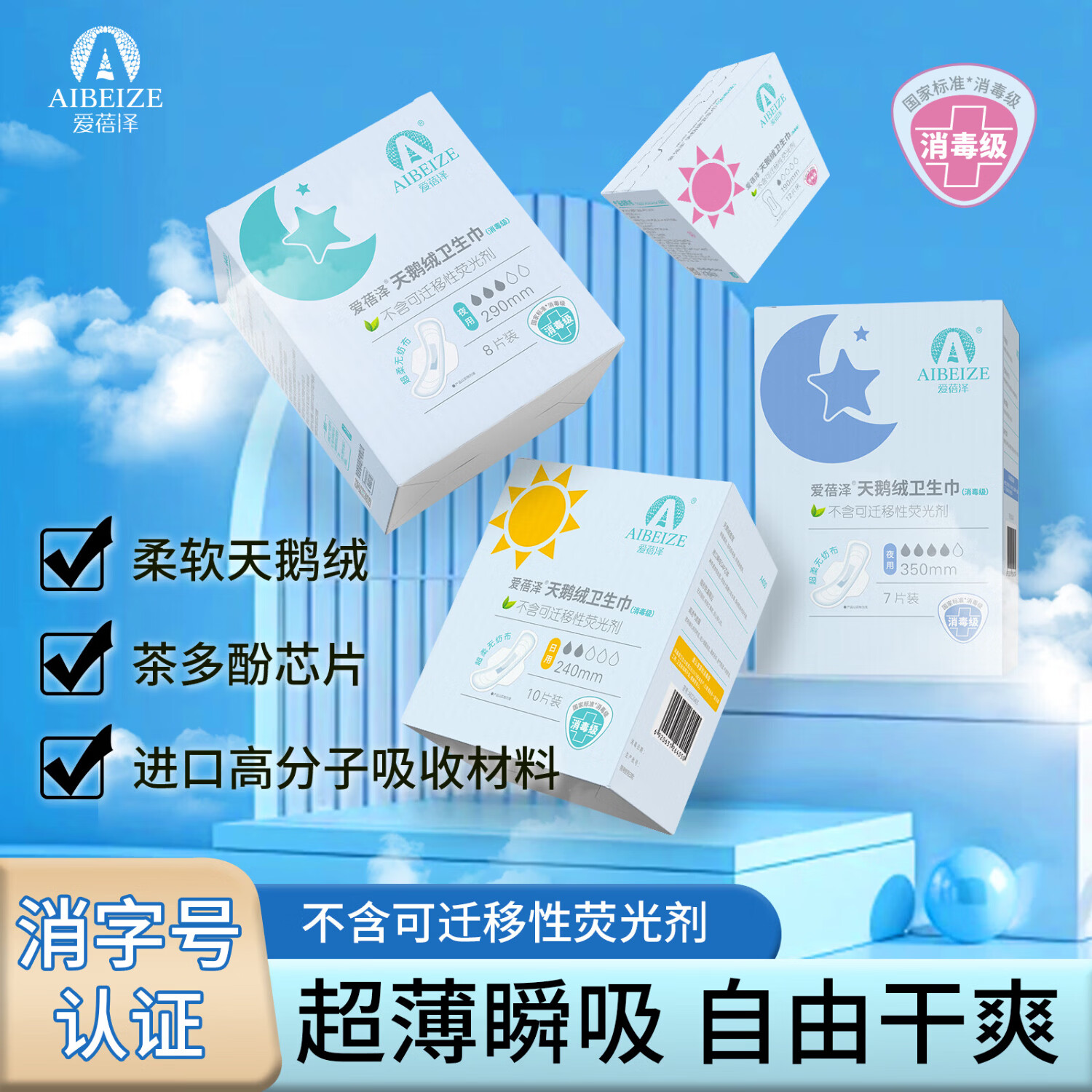 爱蓓泽天鹅绒感消毒级卫生巾护理垫升级款大姨妈经期专用柔软亲肤舒适 【全周期72片】240＋290＋350＋190mm