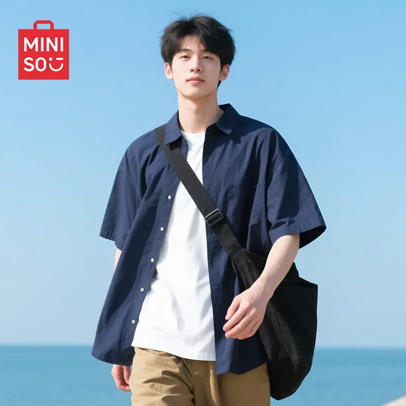 名创优品（MINISO）衬衫男款夏季易打理大学生冰丝凉感工装短袖衬衣男日系休闲薄外套 【冰丝凉感】藏青(纯色) XL /180(冰丝易打理 可机洗免烫)