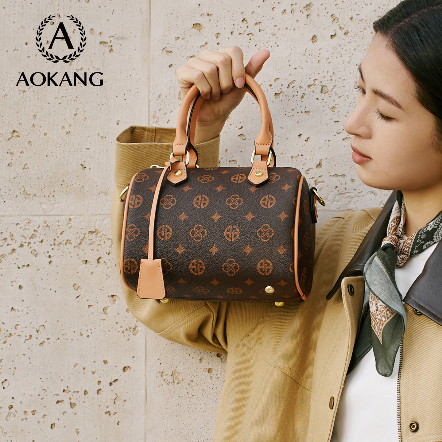 奥康（Aokang）包包女包手提包新款复古托特包印花斜挎单肩包生日礼物高级感实用 BG703004-咖色
