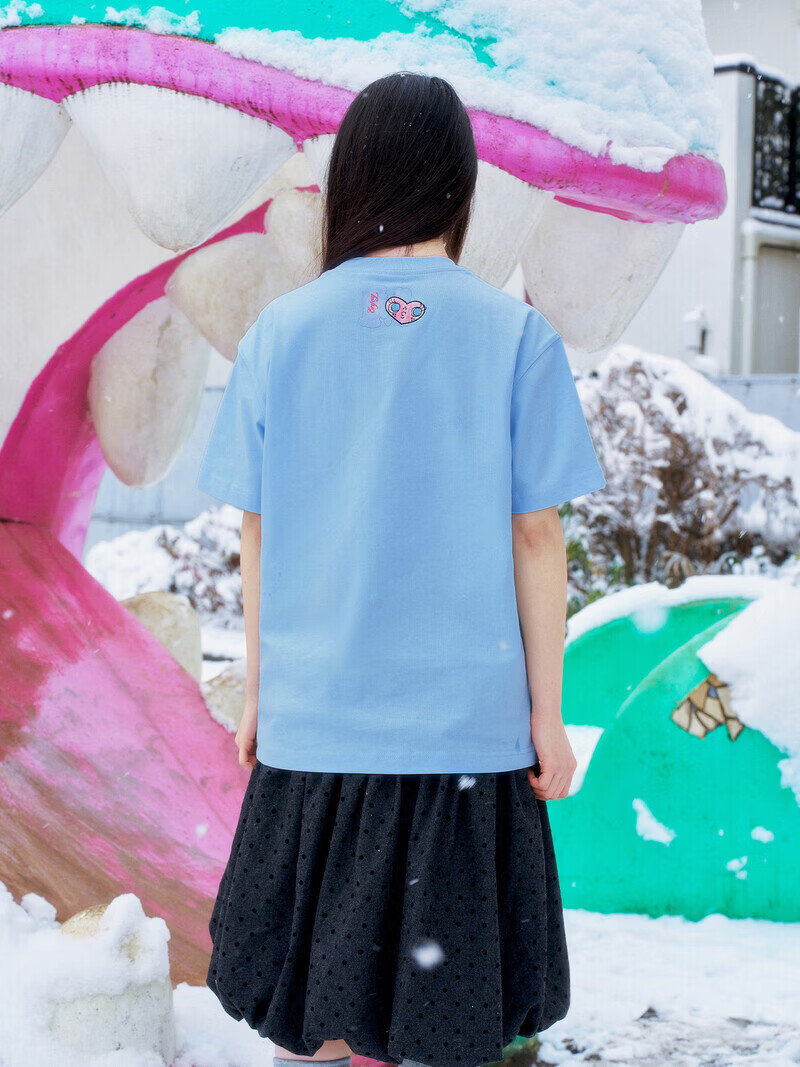 MEDM×YUY玉联名-天使印花爱心刺绣短袖休闲圆领夏季可爱宽松t恤女 蓝色 XL