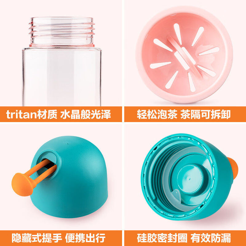 茶花（CHAHUA）tritan水杯男女运动水壶塑料耐高温夏学生儿童学校便携随手杯 粉色 540ml 【有提绳有茶隔】