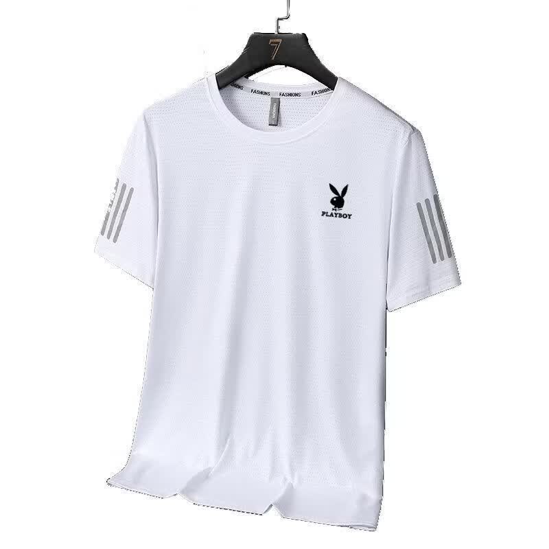 花花公子（PLAYBOY）冰丝短袖男士夏季透气高弹运动跑步潮大码t恤上衣服 冰丝T恤-黑色+灰色【特惠两件装】 L 建议90-100斤