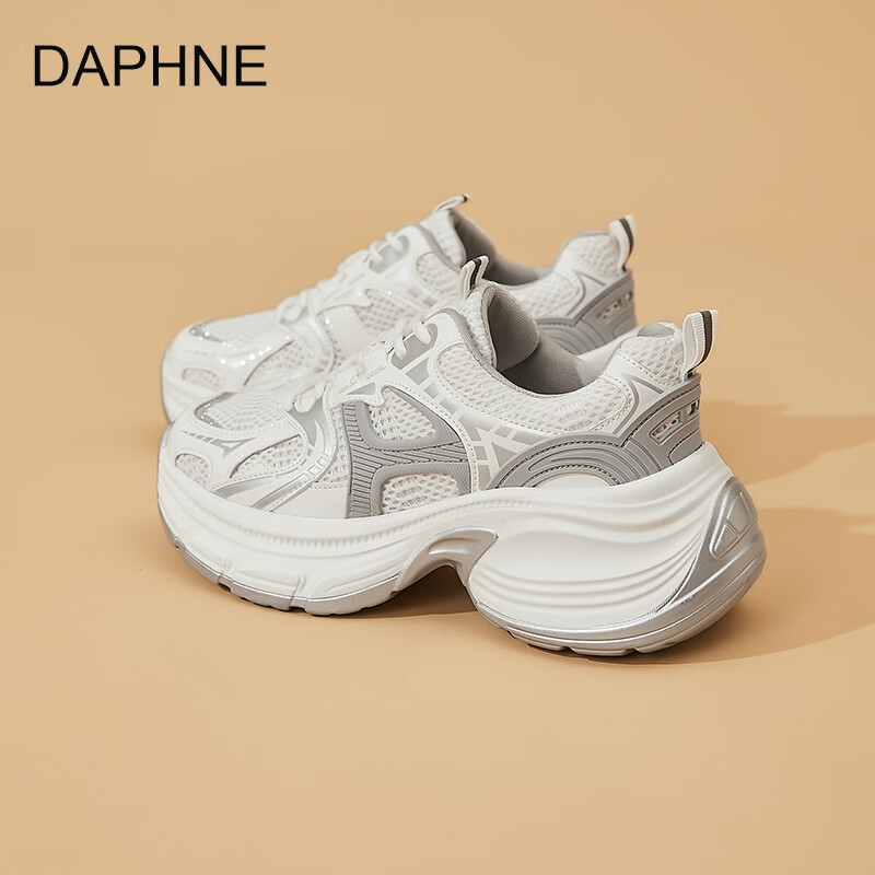 达芙妮厚底透气银色老爹鞋女2026新款春季复古百搭休闲网面跑步运动鞋 白灰色 40