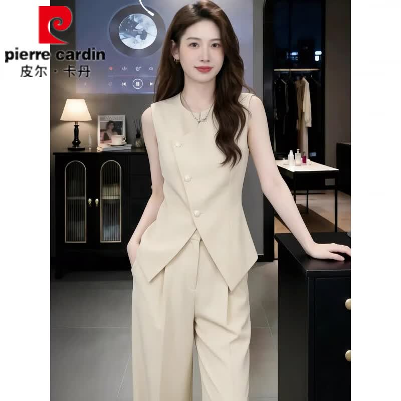 皮尔卡丹(pierre cardin)大方得体休闲运动套装女夏季新款洋气显瘦无袖上衣阔腿裤两件套潮 黄色套装 M