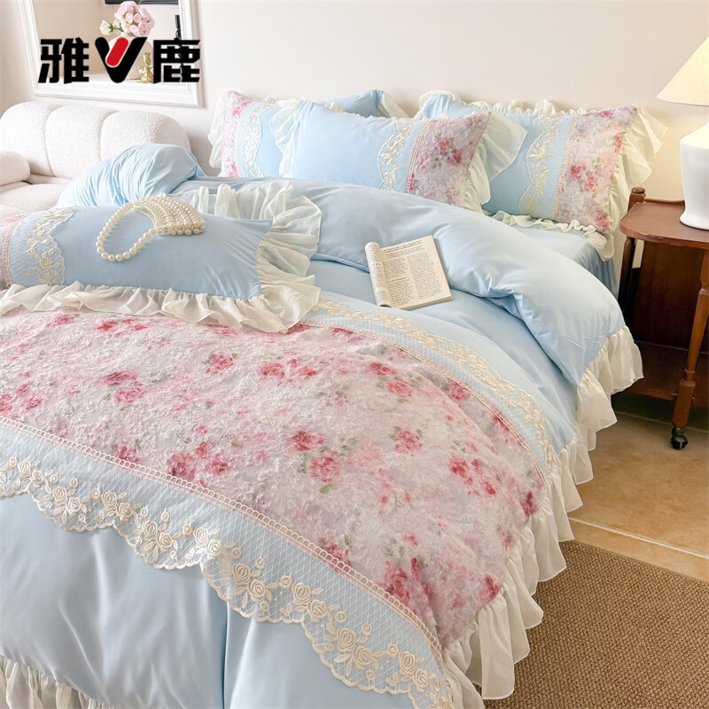 雅鹿水洗亲肤棉雪纺花边蕾丝刺绣法式床裙韩版四件套家用公主风 爱丽丝-蓝 1.8 床笠款 （被套200*230cm） 四件套
