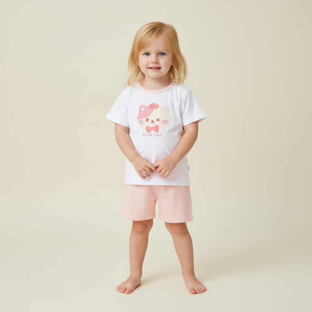 小猪大卫 PECODAVID儿童七分套夏季纯棉A类男女宝宝居家服薄款短袖短裤套装 粉色小猫 短袖套 90
