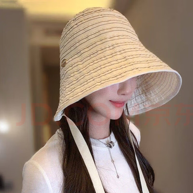 【商场品质】防晒遮阳帽女夏条纹渔夫帽户外显脸小太阳帽时尚 奶油米【条纹系带款】