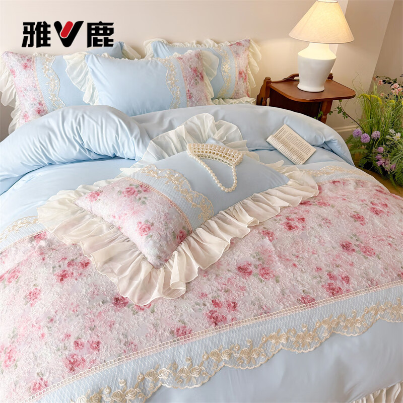 雅鹿水洗亲肤棉雪纺花边蕾丝刺绣法式床裙韩版四件套家用公主风 爱丽丝-蓝 1.8 床笠款 （被套200*230cm） 四件套