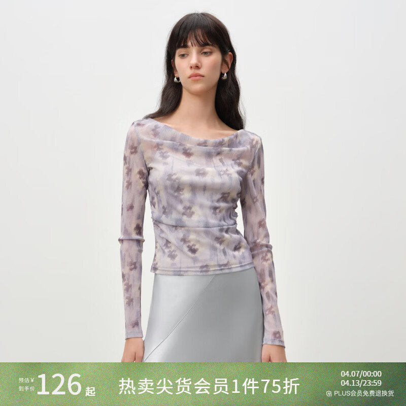 自巧小个子油画感晕染印花荡领修身腰间抽褶T恤女2026年春季新品 晕染花 M （尺码：4）