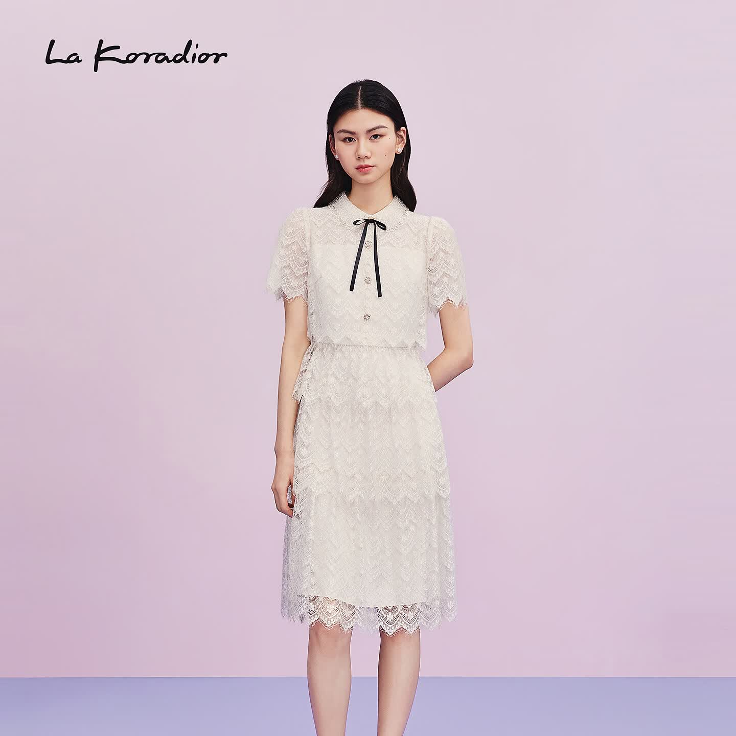拉珂蒂（La Koradior）【商场同款】Lakoradior拉珂蒂通勤气质春夏新款蝴蝶结蕾丝连衣裙 白色 M