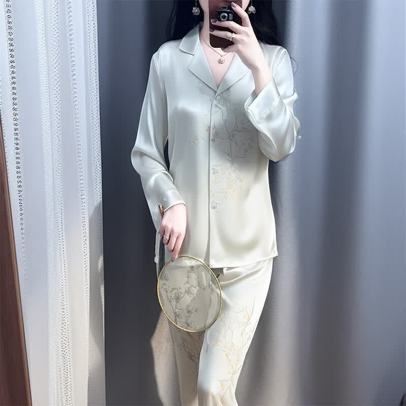 德莉娅2026新款新中式国风真丝睡衣女春秋长袖薄款可外穿桑蚕丝家居服 绿影竹林 【礼盒装】 XL 建议【120-140斤】