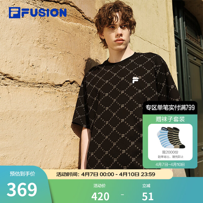 FILA FUSION斐乐潮牌情侣款针织短袖衫2026夏新款纯棉凉感宽松T恤 正黑色-BK M 170/92A/M