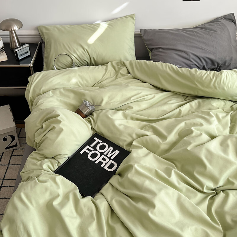 雅鹿ins简约水洗棉被套床单被罩学生宿舍三件套150x200双人纯色四件套 绿浅灰【10A抗菌 可裸睡】 2.0床单四件套 床单款 (被套200*230cm)