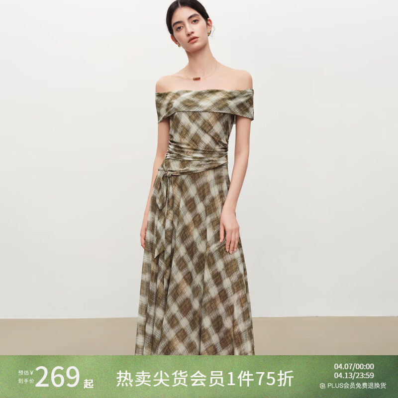 自巧【定格胶囊】小个子格纹网纱一字肩收腰连衣裙女2026夏季新款 绿米格 XS （尺码：2）