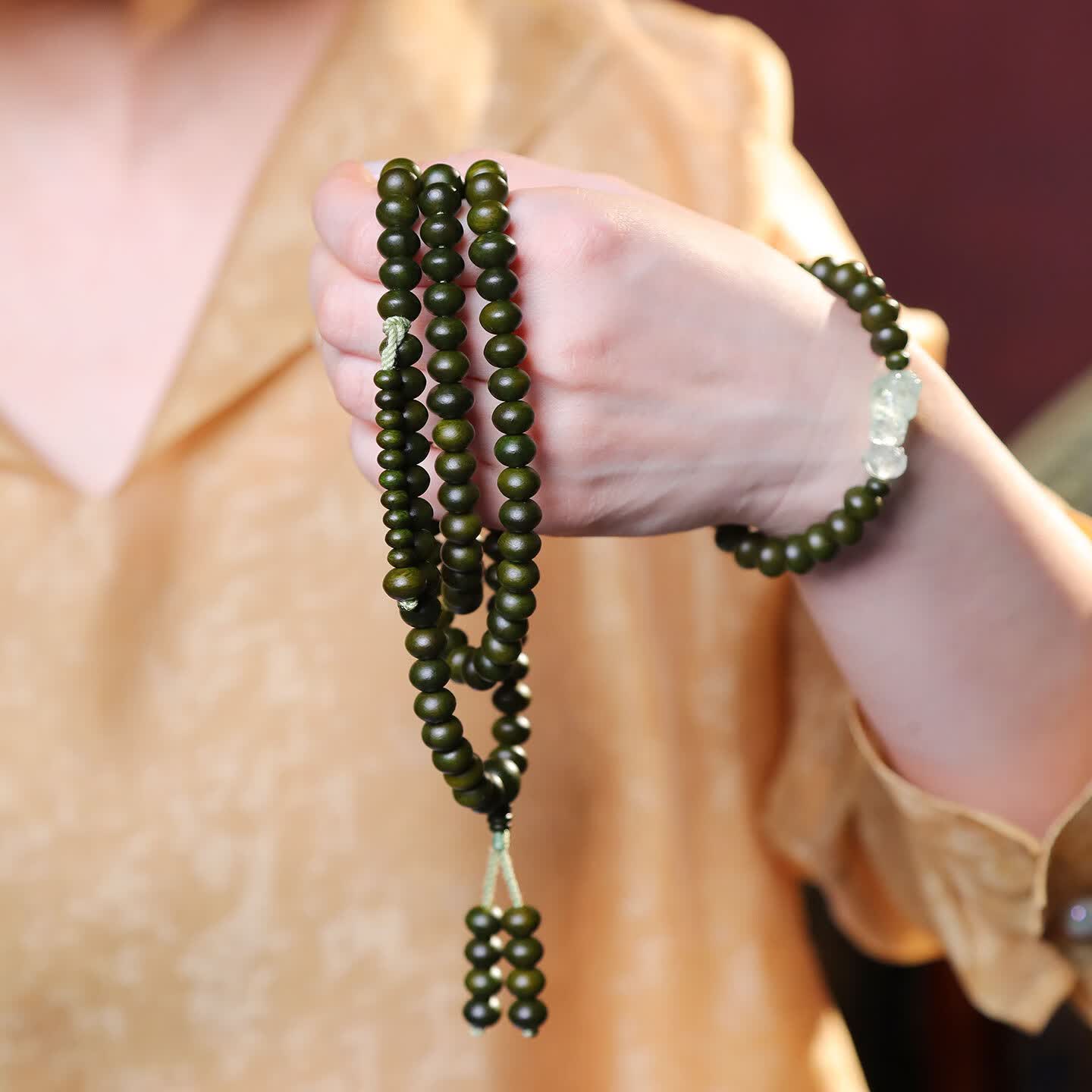 次第花开天然绿檀手串两件套108颗念珠佛珠手链项链佛珠母亲妈妈节日礼物 绿檀套装礼盒（108念珠+手串）