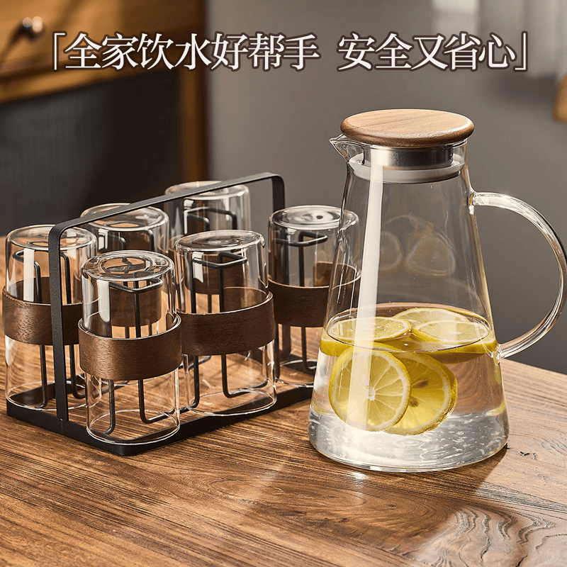 慕馨(moosen)茶杯高硼硅玻璃杯家用客厅耐高温泡茶杯喝水杯套装待客凉冷水壶 340ml透明木环杯X6+杯架+1.8L水壶+楠竹托盘