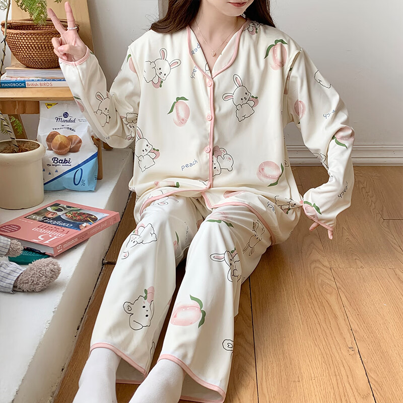 ROVO月子服孕妇睡衣套装可外穿产后哺乳衣夏季新款 粉桃小兔 L