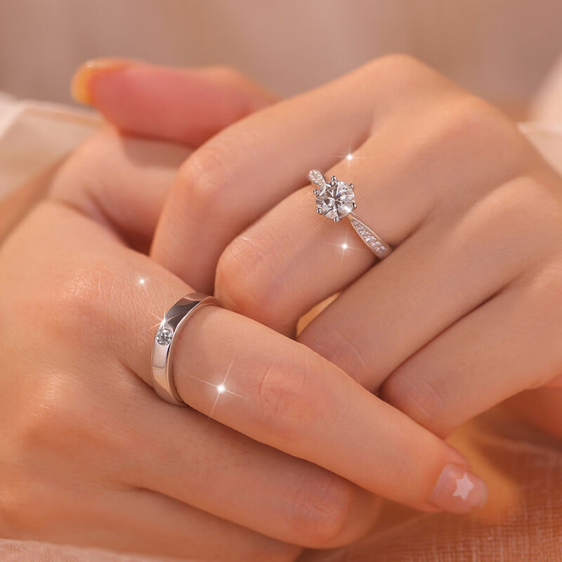 仿真莫桑石活口情侣对戒1克拉订婚求婚礼物 1克拉女戒【主石6.5mm】 开口可调节