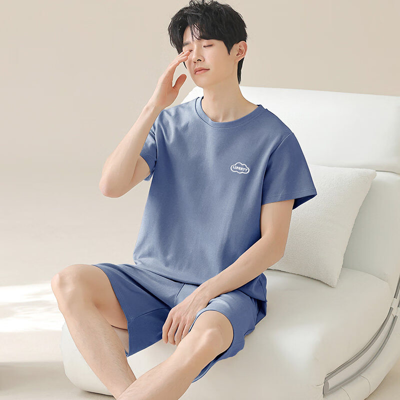 雅鹿睡衣男士2026新款100%纯棉休闲薄款短袖短裤夏季家居服套装 NSWR-0228深蓝色 【100%纯棉】 2XL 【推荐体重155-175斤】
