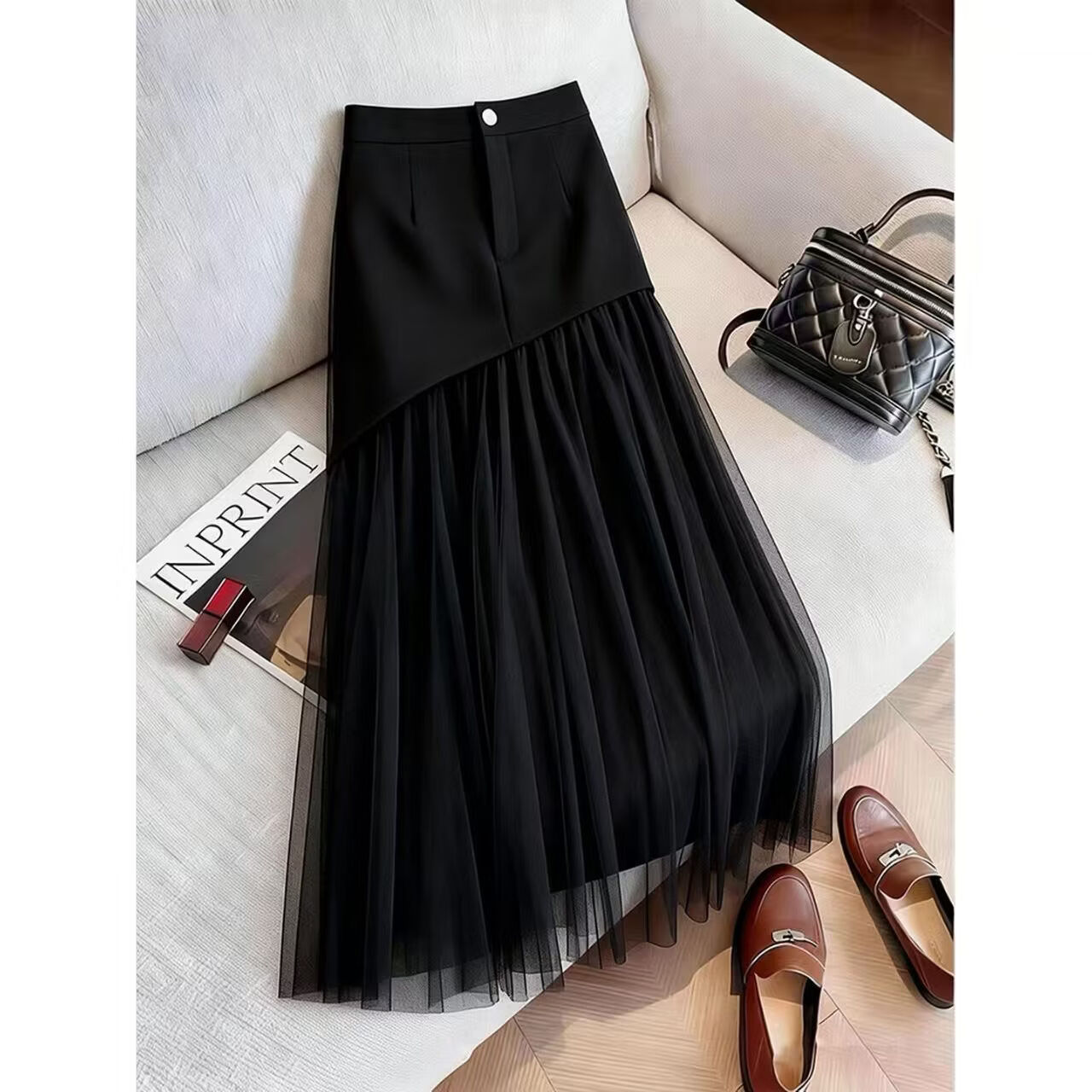 2026春夏新款黑色高腰显瘦百搭时尚A字网纱拼接半身裙女高级感JL 黑色 L 100-115斤