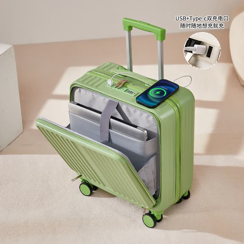 广璐迪（GUANG LU DI）前开盖小行李箱可上飞机拉杆箱万向轮男登机箱18女密码箱包耐用 仙踪绿【USB/Type-c双充电口】 18英寸 登机箱+干湿分离+杯架