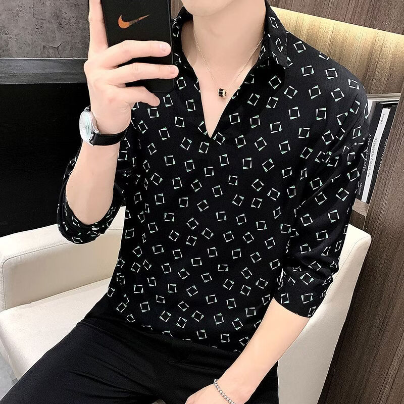 花花公子(PLAYBOY)衬衫v领七分袖t恤男士宽松高端短袖条纹polo衫夏季中袖青年上衣服 白色7101 M