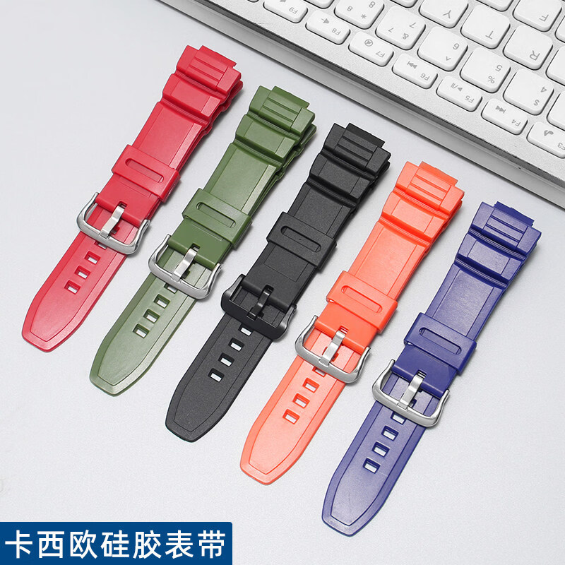 TKN适用于卡西欧w-s220硅胶手表带男HDD-S100 W-200 MCW-110H/100H防水运动树脂替换手表带凸口16mm 黑色-黑扣【塑胶表扣】 16mm