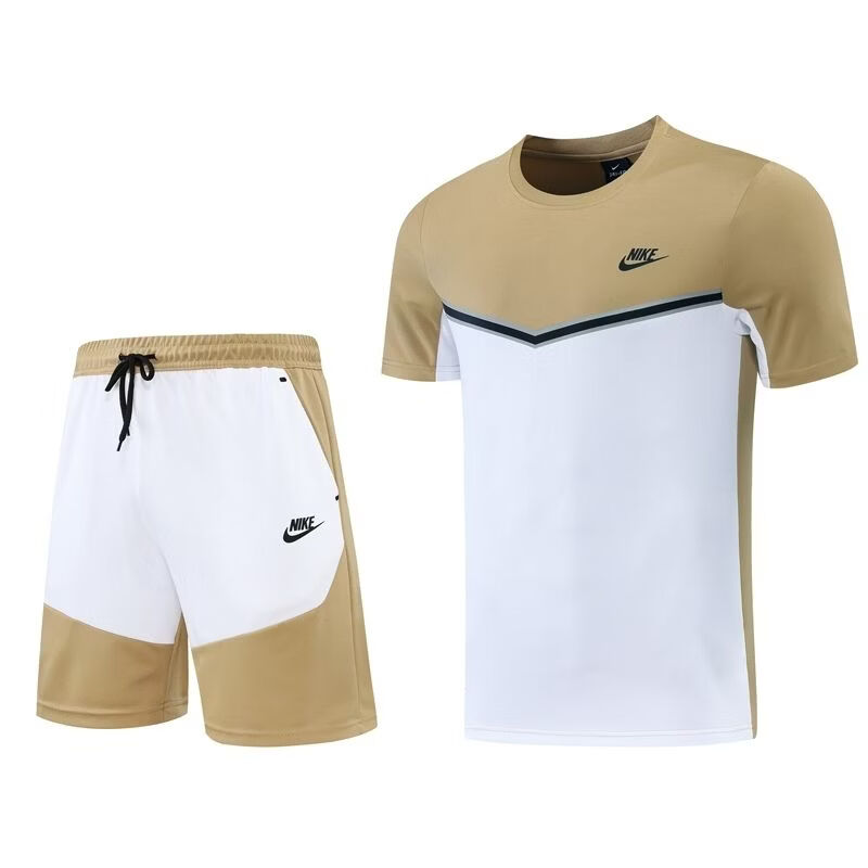 JUST DO IT-NIKE运动服宽松运动套装速干短袖夏季健身透气休闲跑步训练服团 耐克ND01卡其色短裤套装（拉链口袋） S 耐克S
