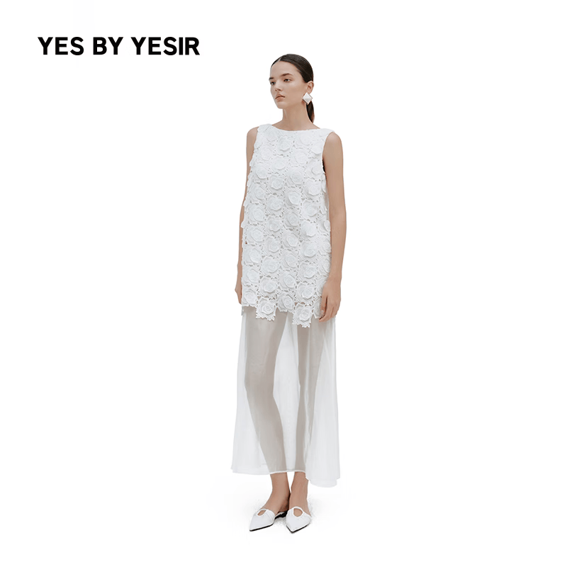 YES by YESIR 叶谦原创设计师2026年春夏新款立体玫瑰蕾丝拼接长裙 白色 L
