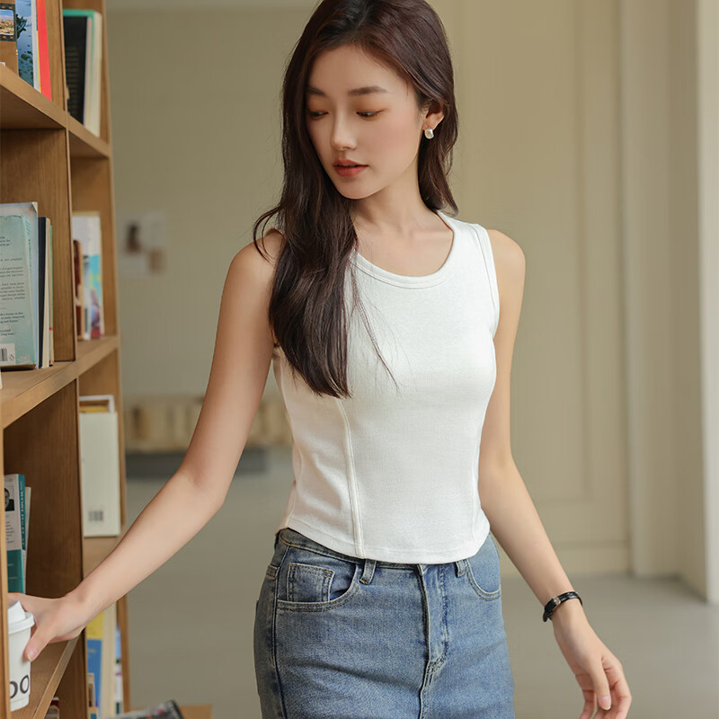 古今（GUJIN）吊带背心女纯棉外穿内搭自带胸垫夏季遮副乳显瘦打底无袖上衣 白色 聚拢防外扩 L 100-120斤