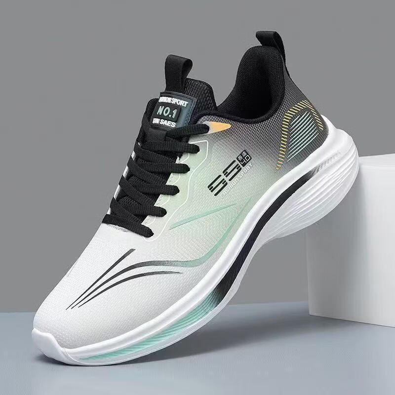 绿蜜蜂春夏季跑步鞋防水百搭软底轻便飞织运动轻便休闲鞋透气网面男鞋 黑色网面款 44