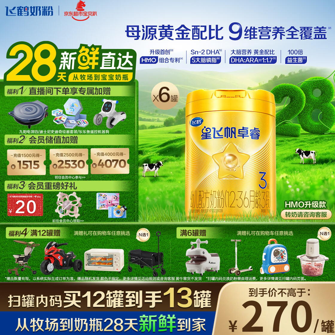 飞鹤星飞帆卓睿 3段幼儿配方奶粉(1-3岁)750g*6罐 HMO 28天新鲜直达