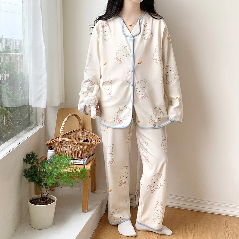 ROVO月子服孕妇睡衣套装可外穿产后哺乳衣夏季新款 浅蓝小兔 XL