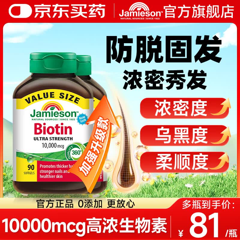 健美生（Jamieson）生物素10000mcg维生素b族b7防脱发固发养发生发脂溢性脱亮肤护发 【两瓶周期见效】防脱密发 滋养调理 90粒*2瓶