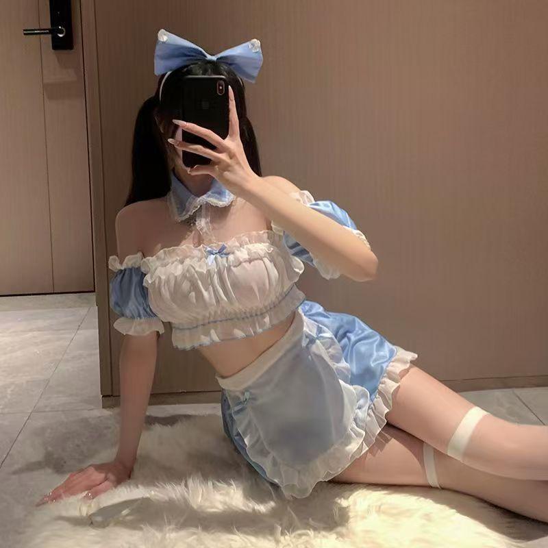 情趣内衣性感制服纯欲女仆装甜美睡衣免脱诱惑qq用品套装 蓝色套装+立体网袜 均码