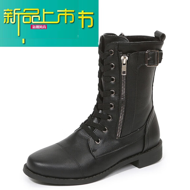 新款上市新款马丁靴女欧美短靴系带侧拉链马丁靴粗跟大码女士靴 黑色