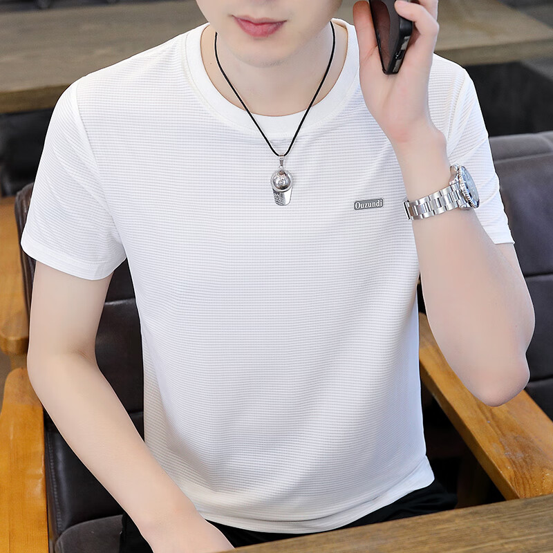 轩程短袖t恤男2026夏季薄款潮流圆领冰丝T恤男青年休闲百搭半袖上衣 白色 5XL (195) 170斤-195斤