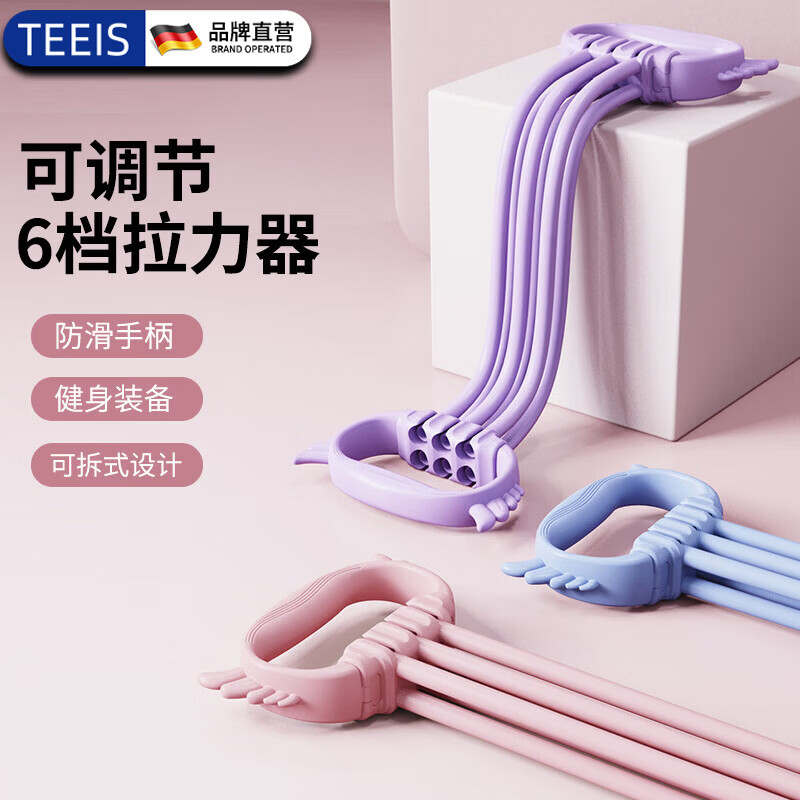 TEEIS德国弹力带绳健身拉力绳带器力量训练普拉提臂力开背肩女健身器材 天空蓝【升级6管加粗】