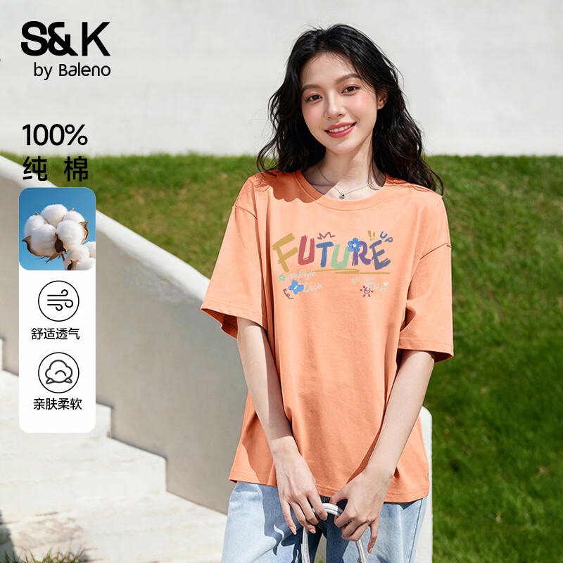班尼路（Baleno）S&K纯棉短袖T恤女夏季重磅宽松设计文艺休闲圆领内外搭上衣半袖4 橘#彩虹涂鸦字 S