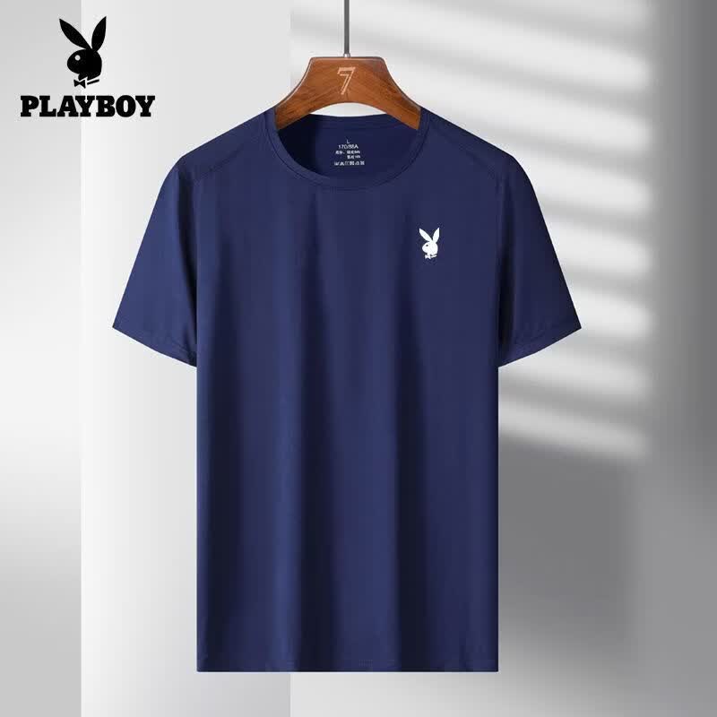 花花公子(PLAYBOY)冰丝男士短袖夏季新款速干t恤宽松健身上衣休闲透气衣服 白色+黑色 M 85-110斤