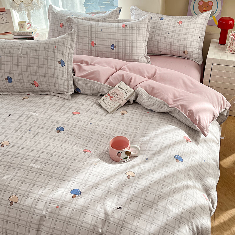 羽匠春季少女小清新印花四件套学生宿舍套件家用床单柔软四件套 蘑菇格 灰 床单款 床四件套(被套200*230cm)