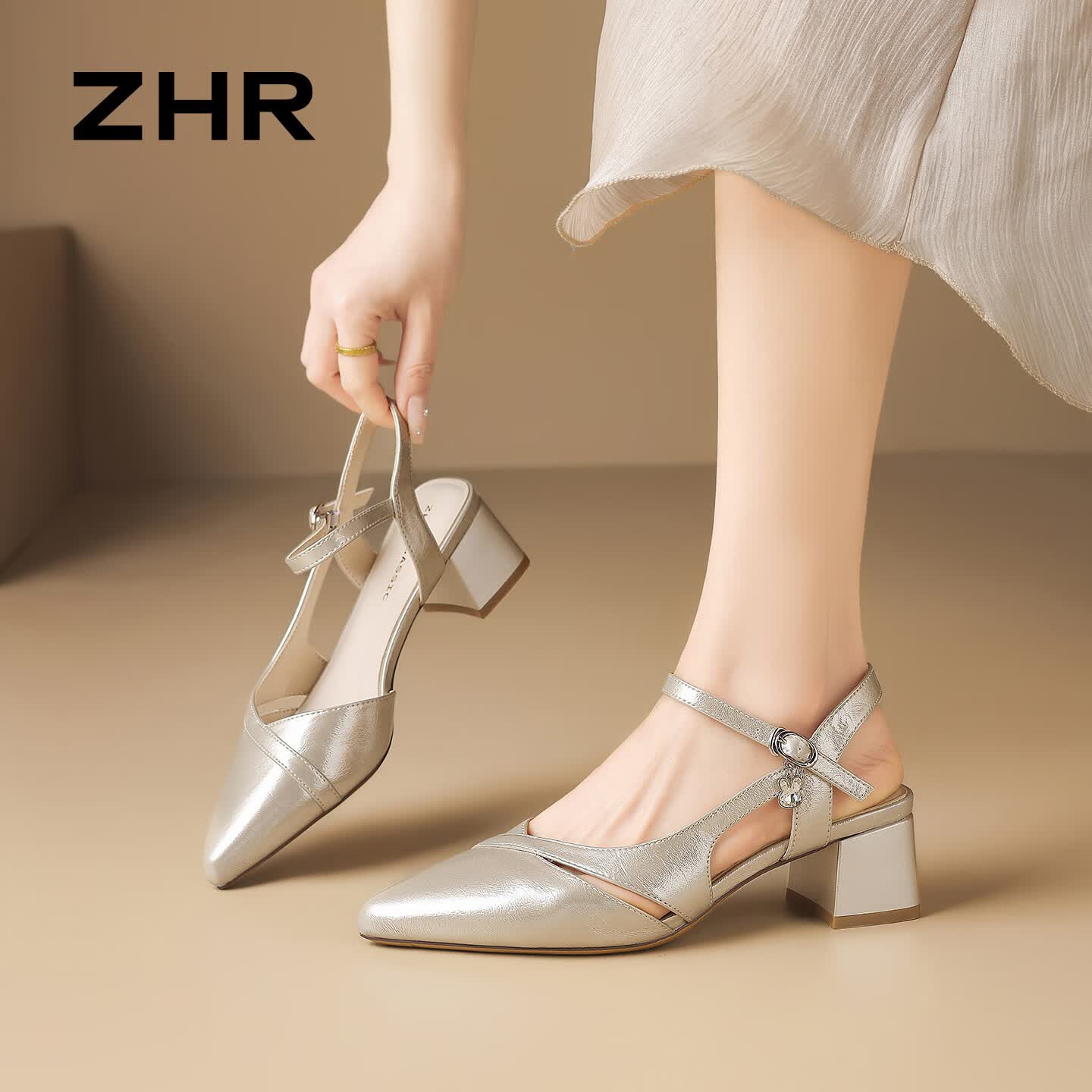 ZHR则则高跟鞋女2026夏新款包头凉鞋女气质镜面不累脚单女鞋FU08香槟36