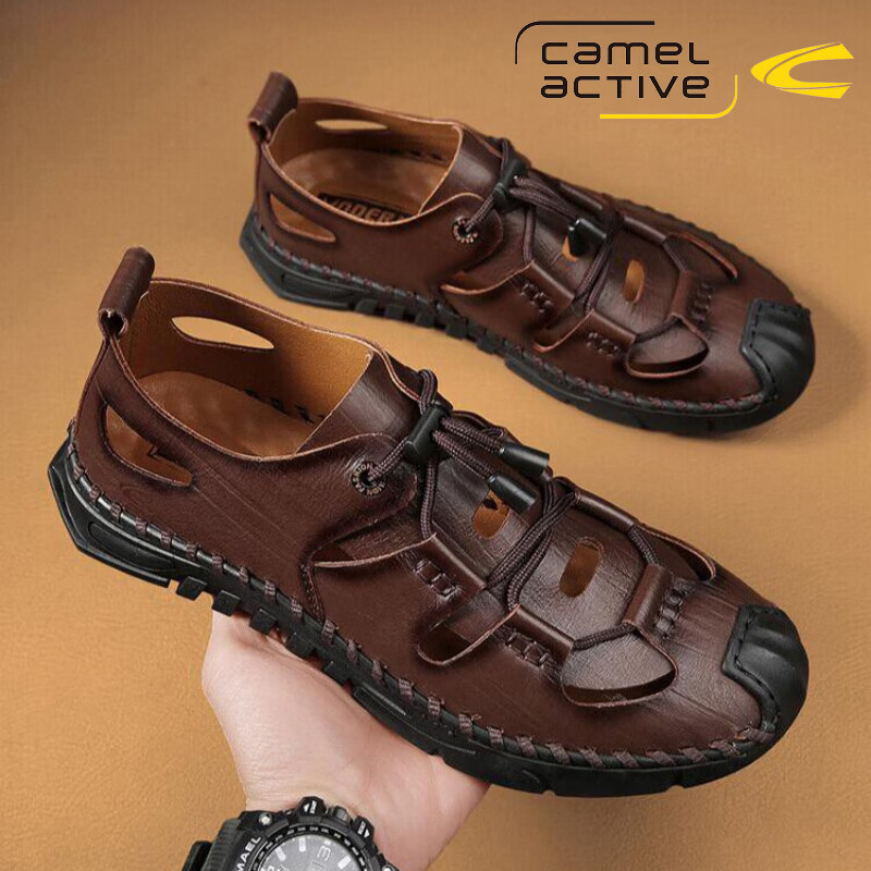 骆驼动感(camel active)夏季新款男鞋真牛皮舒适透气包头凉鞋男时尚休闲外穿洞洞鞋沙滩鞋 暗棕 39 (245mm)