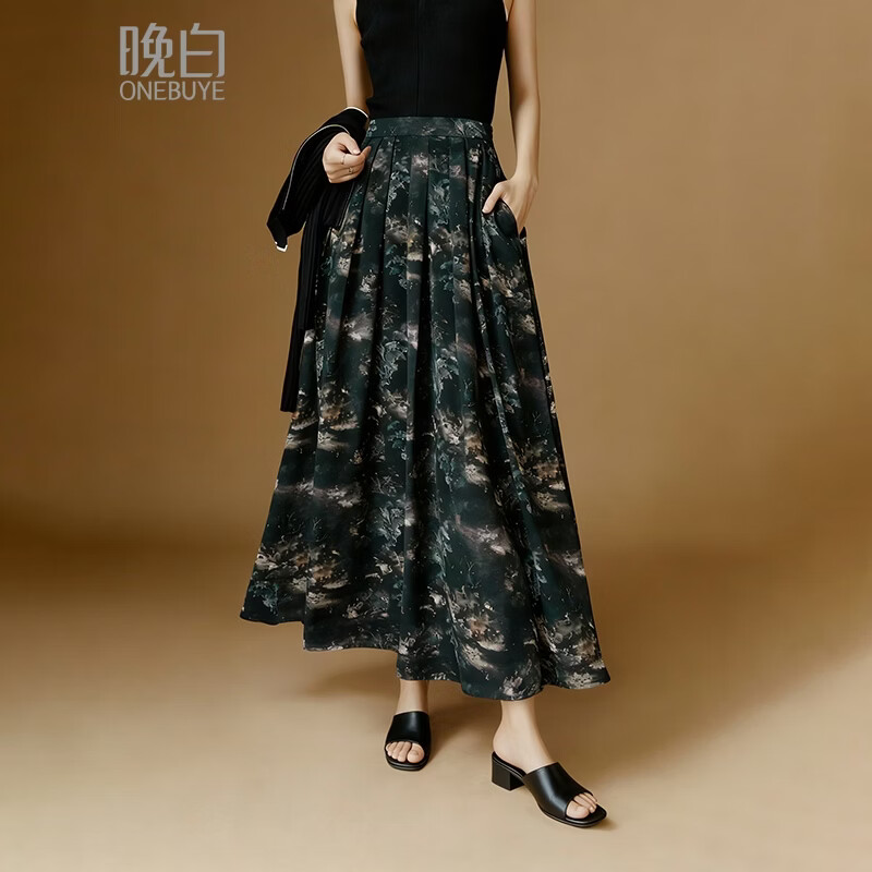 晚白【新品】2026年春款时尚复古文艺风长裙雪纺印花减龄大摆半身裙 花色 XL