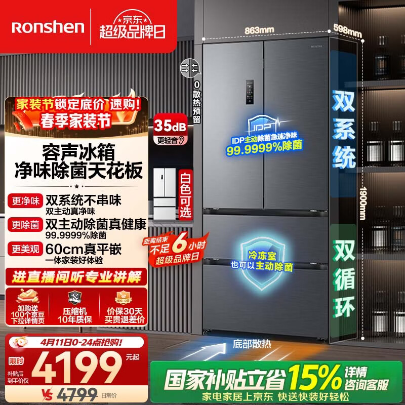 容声方糖515L法式多门冰箱双系统双循环超薄零嵌入式一级能效风冷无霜净味灰BCD-515P60FZMAD国家补贴