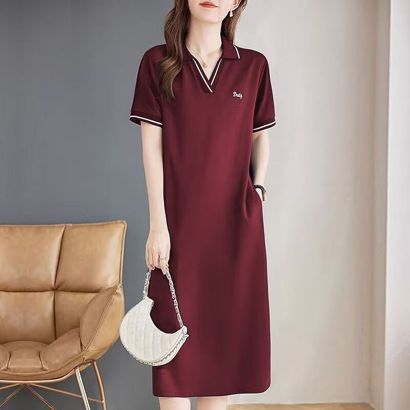 夏典素订女王(SE.PSTP)短袖连衣裙女装2026夏季新款洋气POLO领中长款直筒裙大尺码休闲裙 黑色 3XL 【建议140-160斤】