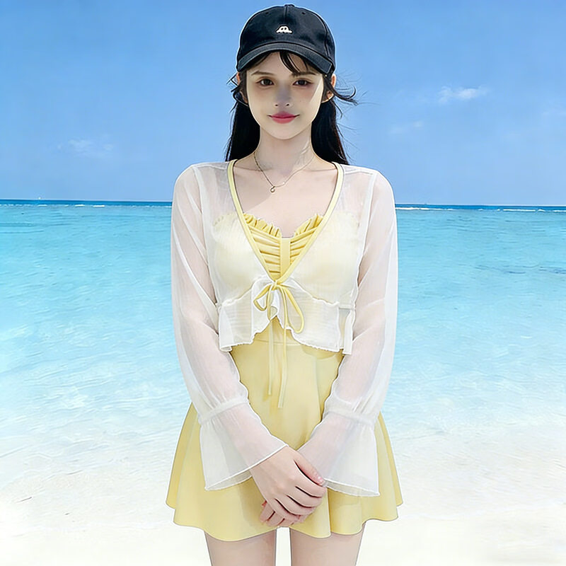 东方骆驼连体游泳衣女ins长袖夏季新款2026保守遮肚显瘦泡温泉感 黄色含外套 M 建议体重90-100斤 京东折扣/优惠券