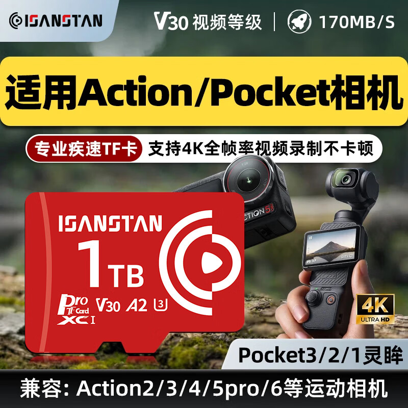 ISANSTAN存储卡TF适用于Dji大疆pocket3内存卡256G高速U3 action4/5pro/运动相机4k高清录制mini3无人机 【EX1TB】Pocket3/Action专用卡 京东折扣/优惠券