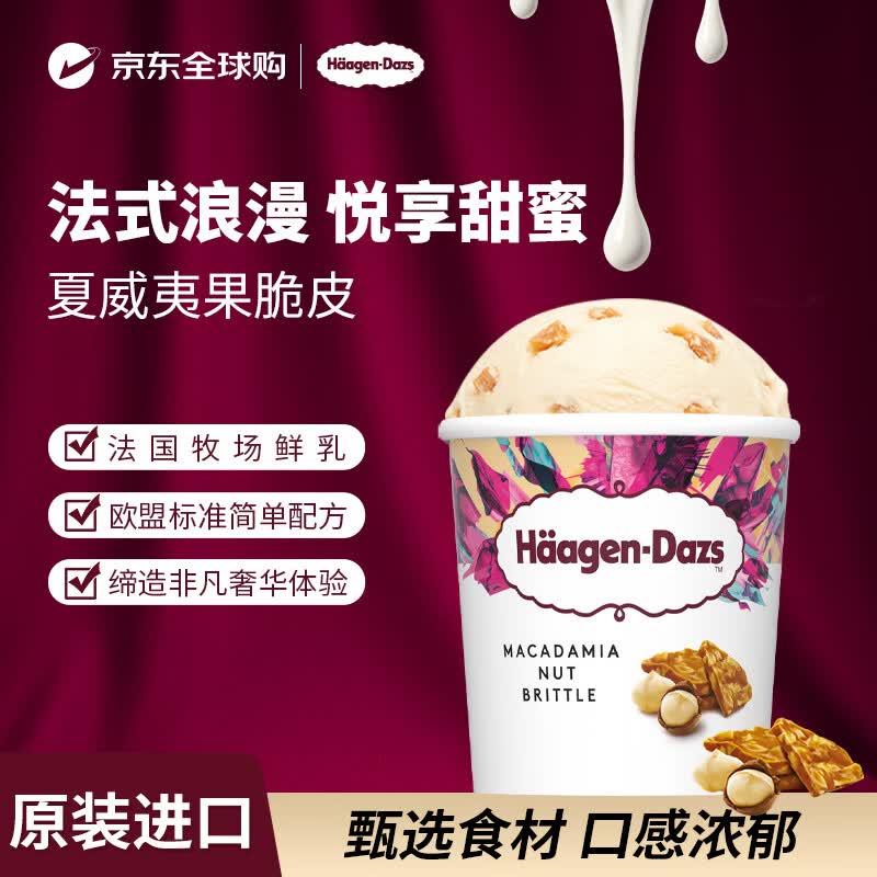 哈根达斯【欧洲爆款】夏威夷果脆皮冰淇淋460ml/桶